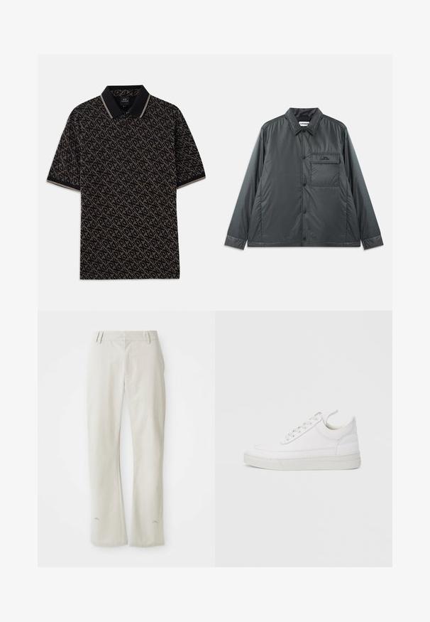 Veste légère gris foncé à boutons avec un col pointu, des manches longues et une poche poitrine unique. Tissu lisse et brillant avec un minimum de finitions.; Polo noir avec un motif géométrique doré, manches courtes et col classique avec des accents rayés subtils.; Pantalons gris clair à jambe droite en tissu lisse. Dispose de poches à l'avant, de passants de ceinture et d'un logo subtil près de l'ourlet.; Baskets en cuir blanc avec un embout arrondi, une semelle plate et un laçage à l'avant. Présentent des détails de couture et un col rembourré pour plus de confort.