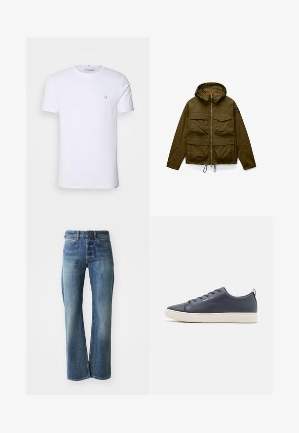 Olivengroene capuchonjas met ritssluiting aan de voorkant, vier klepzakken, verstelbare trekkoorden aan de zoom en een ronde patch op de linkermouw.; Witte katoenen t-shirt met korte mouwen, met een klein oranje "II" logo op de linkerborst en een ronde halslijn. Eenvoudig ontwerp en textuur.; Denim jeans in een licht tot gemiddeld blauwe kleur, met een recht gesneden pijp, klassiek vijf-pocket ontwerp en subtiele vervaging aan de voorkant.; Marineblauwe leren sneaker met een ronde neus, witte rubberen zool en tonale veters. Voorzien van de geborduurde "PS Paul Smith" logo aan de zijkant.