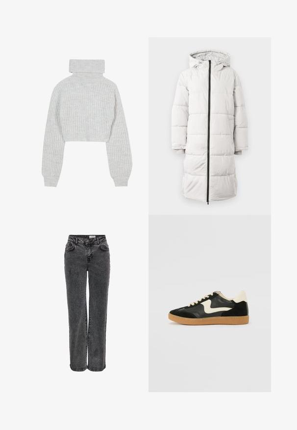 Lys grå pufferjakke med hætte, hel lynlås, lange ærmer og ribbede manchetter. Har quiltet polstring og en glat overflade.; Lys grå, cropped striktrøje med høj turtleneck, brede ærmer og struktureret ribbet mønster. Blødt materiale med en lidt løs pasform.; Sorte denimjeans med lige ben, der har forlommer, bæltestropper og en subtil, falmet tekstur.; Sorte ruskinds- og lædersneakers med en cremefarvet side-swoosh og lys cremefarvet hæl. Har beige snørebånd og en gummirubber-sål.