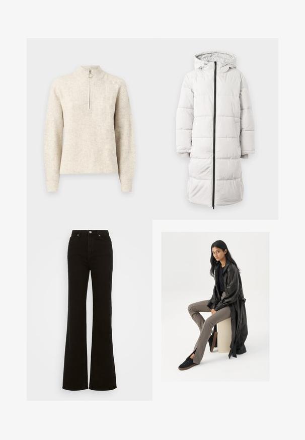 Manteau doudoune gris clair avec capuche, fermeture éclair sur toute la longueur, manches longues et détails de poignets côtelés. Doté d’un rembourrage matelassé et d'une texture lisse.; Pull en maille côtelée beige clair avec un col haut, fermeture zippée quart et manches longues. Texture douce avec un motif subtil.; Jean évasé noir taille haute en denim, avec une fermeture à bouton, des poches latérales et une texture lisse.; Trench en cuir noir, haut noir ajusté, pantalon ajusté beige, et baskets noires. Modèle assise sur un cube, avec des cheveux longs et raides.