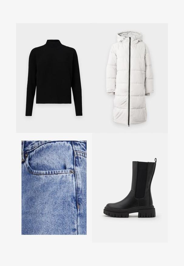 Lys grå pufferjakke med hætte, hel lynlås, lange ærmer og ribbede manchetter. Har quiltet polstring og en glat overflade.; JDY Knitted JDYPRIME Knitted - Striktrøje - black; Lyseblå denim jeans med en struktureret overflade, der har en lille frontlomme, metalknap og synlige sømme langs kanterne.; Sort ankelstøvle lavet af læder med en tekstureret overflade, elastiske sidelæg og en tykkere, rillede sål for ekstra greb.