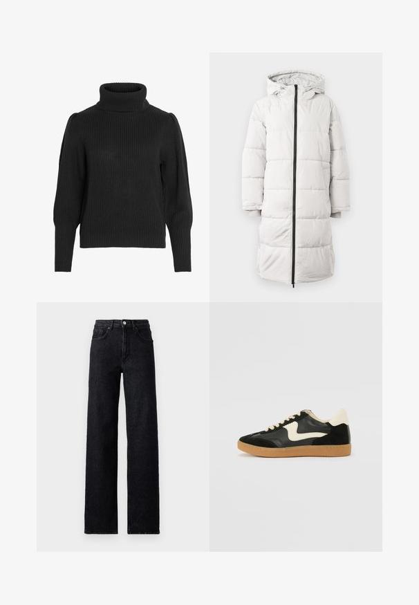 Lys grå pufferjakke med hætte, hel lynlås, lange ærmer og ribbede manchetter. Har quiltet polstring og en glat overflade.; Sort strikket sweater med en høj, ribbet halsudskæring. Har dropped shoulders og ribbede manchetter ved de lange ærmer, tekstureret stof.; Højtaljede sorte denim jeans med knap- og lynlåslukning, for- og baglommer samt lige ben.; Sorte ruskinds- og lædersneakers med en cremefarvet side-swoosh og lys cremefarvet hæl. Har beige snørebånd og en gummirubber-sål.