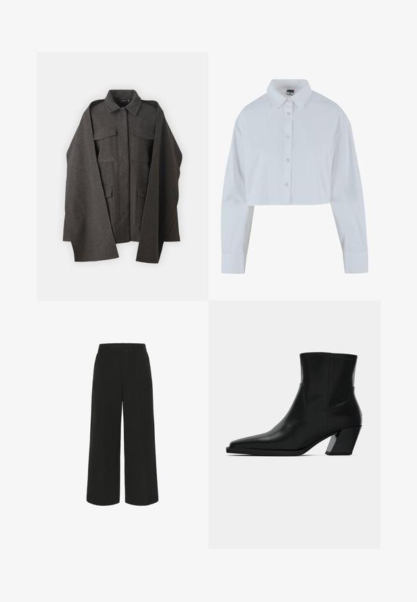 Veste en laine gris foncé avec col, deux poches poitrine et manches larges, présentant un tissu texturé et un design minimaliste.; Chemise blanche courte à col pointu, à manches longues et à texture lisse. Comprend une patte de boutonnage à l'avant avec des boutons assortis.; Pantalons larges noirs en tissu lisse, avec une taille ajustée et sans poches visibles, offrant une silhouette épurée.; Bottine en cuir noir avec un bout pointu, une silhouette élégante et un talon carré massif. Texture lisse avec des détails de couture minimalistes.