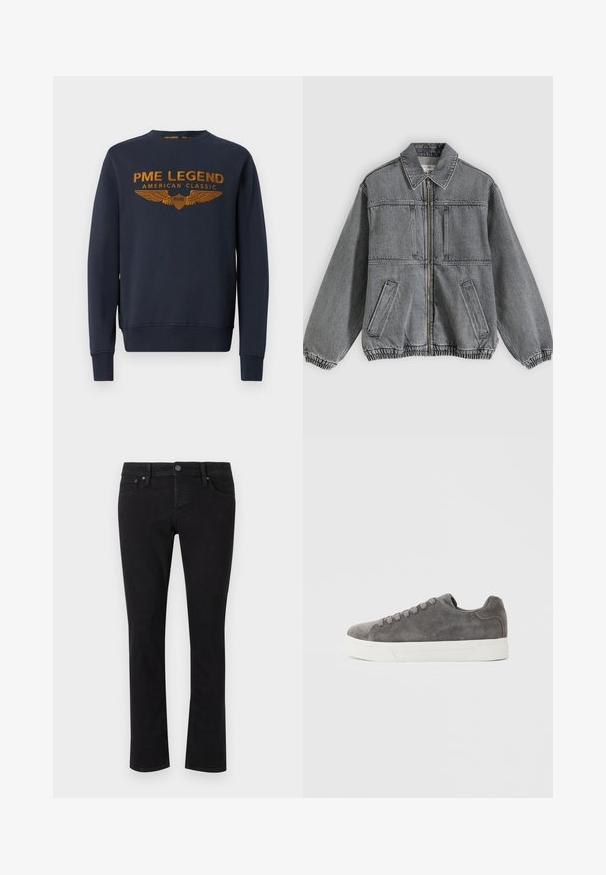 Veste en denim gris avec col, fermeture éclair à l'avant et deux poches. Comprend des poignets et un ourlet élastiques, offrant une coupe ample et un design structuré.; Sweatshirt bleu marine en coton, avec un logo doré imprimé avec des ailes. Encolure ronde, manches longues, bords côtelés aux poignets et à l'ourlet.; Jean en denim noir avec une coupe droite, design à cinq poches, fermeture à bouton en métal et détails de couture minimalistes. Texture lisse sur l'ensemble.; Baskets basses en daim gris avec semelle en caoutchouc blanche et lacets assortis gris, vues de profil latéral sur un fond uni.