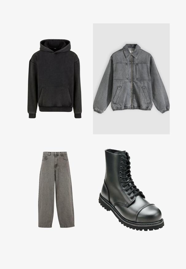 Graue Jeansjacke mit Kragen, Frontreißverschluss und zwei Taschen. Verfügt über elastische Bündchen und Saum, die eine lockere Passform und ein strukturiertes Design bieten.; Urban Classics Kapuzenpullover - magnet; Graue Jeanshose mit hoher Taille, weitem Bein, klassischem Fünf-Taschen-Design und Knopfverschluss vorne. Leicht strukturierte Oberfläche.; Schwarze Lederkampfstiefel mit hohem Knöchel, runder Zehenpartie, Schnürung vorne und robustem Gummisohle mit tiefem Profil für besseren Grip.