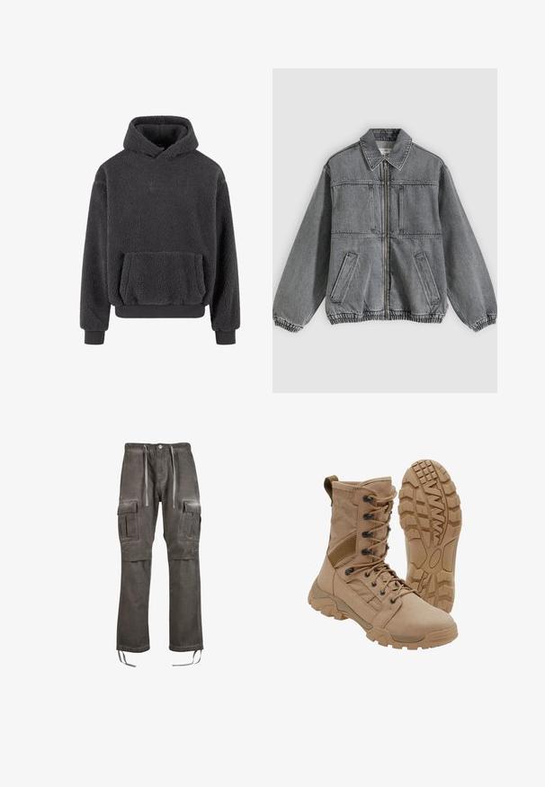 Grå denimjakke med krave, frontlynlås og to lommer. Har elastiske manchetter og kant, hvilket giver en løs pasform og struktureret design.; Fleece hoodie i mørkegrå med en tekstureret overflade, en kangaroo-lomme og ribbede manchetter og kant. Har et lille logo på brystet.; Cargo bukser i et falmet gråt stof, med en elastisk talje med snore, sidelommer og tætsiddende ben med bånd ved kanten.; Brun taktisk støvle med snørelukning i ankellængde og robust gummisål, en støvle står oprejst og den anden viser slidbanemønster.