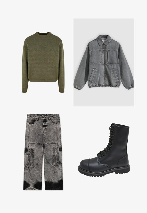 Grå denimjakke med krave, frontlynlås og to lommer. Har elastiske manchetter og kant, hvilket giver en løs pasform og struktureret design.; Grøn uldblandings sweater med rund hals, ribbede manchetter og kant, samt en blød, struktureret finish. Klassisk, afslappet pasform med sænkede skuldre.; FAVELA BIG POCKET - Loose-jeans - black acid washed; Sort læder kampstøvle med høj skaft, snørebånd foran, polstret krave og en robust tekstureret sål for godt greb. Har forstærket tåhætte.