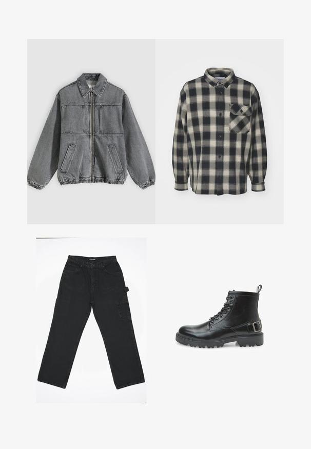 Chaqueta de mezclilla gris con cuello, cremallera frontal y dos bolsillos. Presenta puños y dobladillo elásticos, ofreciendo un ajuste holgado y un diseño estructurado.; Camisa de franela a cuadros en negro y crema con mangas largas, cierre de botones y un bolsillo en el pecho. Textura suave, diseño con cuello y dobladillo recto.; Pantalones de mezclilla negra con un diseño de pierna recta, que cuentan con un cierre frontal de botón, bolsillos traseros y un bolsillo lateral tipo cargo.; Bota de combate de cuero negro con cordones, ojales de metal, suela resistente, lengüeta en el talón y una correa decorativa con hebilla en el costado.