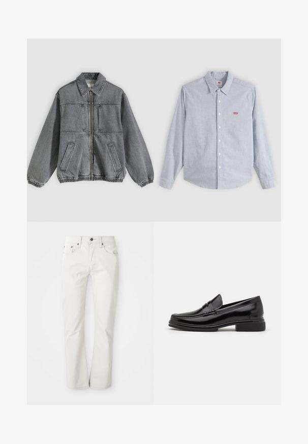 Veste en denim gris avec col, fermeture éclair à l'avant et deux poches. Comprend des poignets et un ourlet élastiques, offrant une coupe ample et un design structuré.; Chemise à manches longues, rayée bleu clair et blanc, avec col et petit logo rouge Levi's sur la poitrine gauche.; Jean clair en mélange de coton. Design à jambe droite avec cinq poches et fermeture à bouton en métal. Texture lisse.; Mocassins en cuir noir avec un embout arrondi, présentant un détail cousu sur le dessus, et un petit talon carré. Texture lisse et finition brillante.