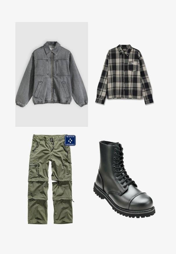 Grå denimjakke med krave, frontlynlås og to lommer. Har elastiske manchetter og kant, hvilket giver en løs pasform og struktureret design.; Sort og cremefarvet ternet flannel skjorte med lange ærmer, knaplukning fortil, enkelt brystlomme og diskret logo broderi på lommen.; Grønne vandafvisende cargo-bukser med flere lynlåslommer, justerbare manchetter og et slidstærkt stof. Har et logo-patch på fronten.; Sort læderkampstøvle med høj ankel, rund tå, snørebånd foran og robust gummisål med dybe mønstre for godt greb.