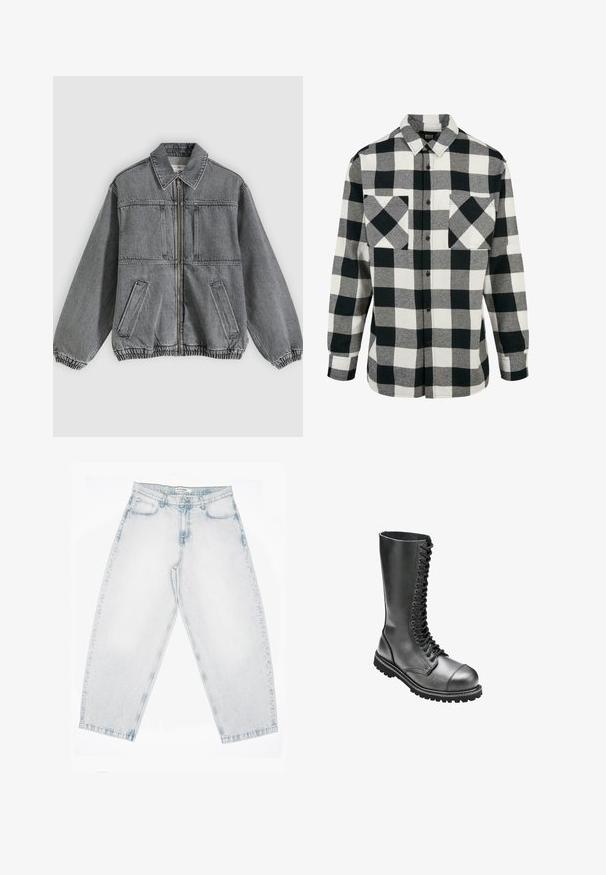 Graue Jeansjacke mit Kragen, Frontreißverschluss und zwei Taschen. Verfügt über elastische Bündchen und Saum, die eine lockere Passform und ein strukturiertes Design bieten.; Schwarz-weiße Flanellhemd mit großem Karomuster, langen Ärmeln, Knopfleiste und zwei Brusttaschen. Aus weichem Stoff gefertigt.; Hellblaue Jeans aus Denim mit hoher Taille, geraden, weiten Beinen, Knopf- und Reißverschluss sowie vorderen und hinteren Taschen.; Schwarze Leder-Schnürkampfstiefel mit hohem Schaft, runder Zehenpartie, gepolstertem Kragen und strukturiertem Gummisohle für besseren Halt.