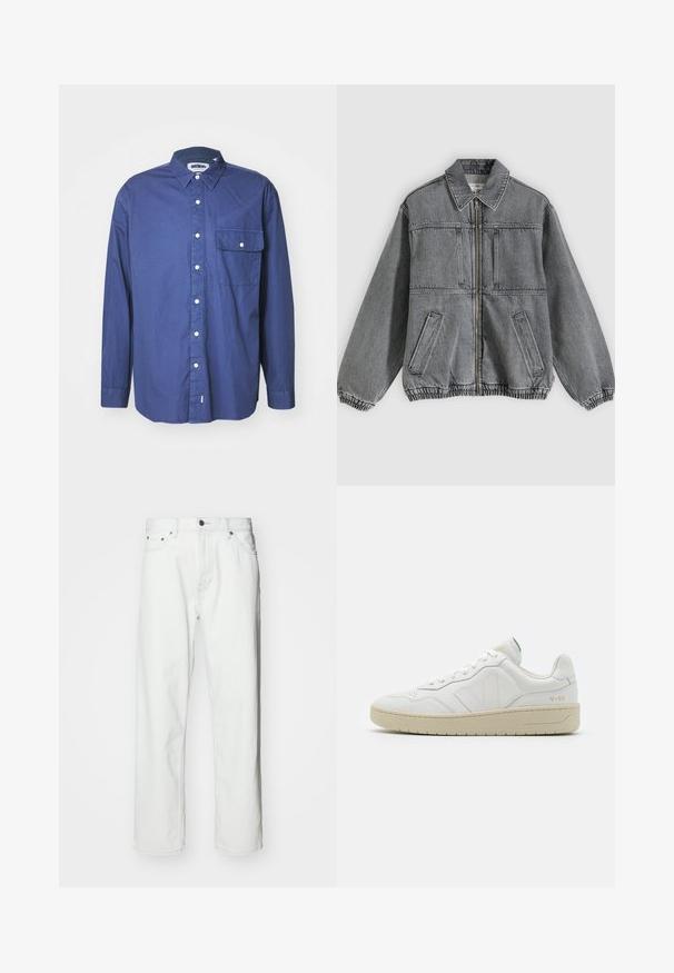 Veste en denim gris avec col, fermeture éclair à l'avant et deux poches. Comprend des poignets et un ourlet élastiques, offrant une coupe ample et un design structuré.; Chemise à manches longues bleu marine en tissu tissé, avec un col pointu, une poche avant et des boutons blancs le long de la patte de boutonnage.; Jean en denim blanc avec une coupe droite, design à cinq poches, fermeture à bouton et détails de coutures subtils. Texture lisse et style minimaliste.; Baskets en cuir blanc avec une finition texturée et un col rembourré. Elles sont dotées d'une semelle en caoutchouc beige et d'une discrète branding sur le talon et le côté.