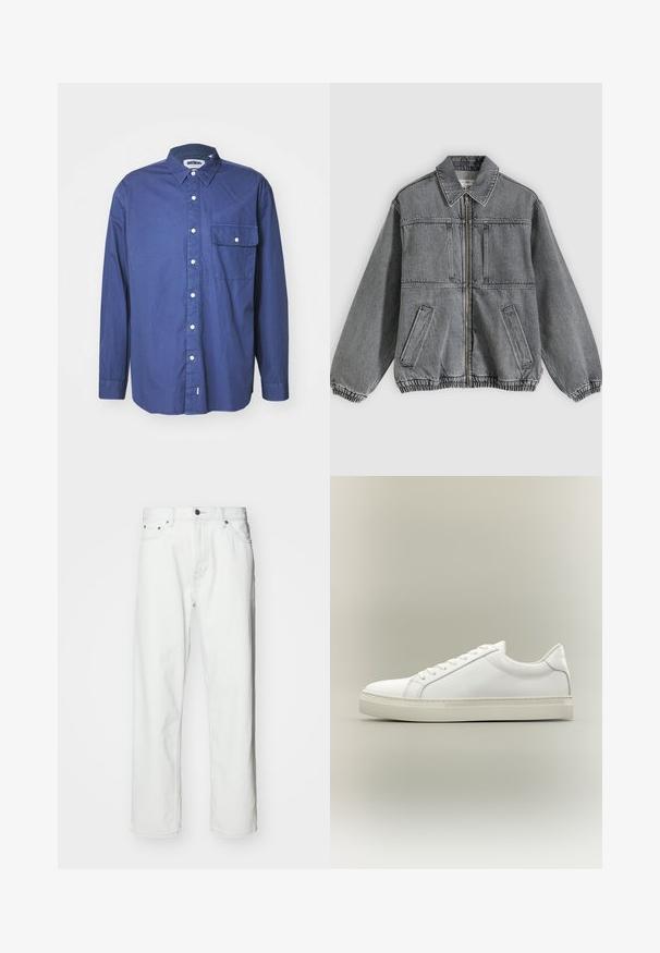 Grå denimjakke med krave, frontlynlås og to lommer. Har elastiske manchetter og kant, hvilket giver en løs pasform og struktureret design.; Mørkeblå langærmet skjorte med knapper i vævet stof, med spidse kraver, forlommer og hvide knapper langs knapstolpen.; Hvide denimbukser med lige pasform, fem-lomme design, knaplukning og subtile syninger. Glat tekstur og minimalistisk stil.; Hvid lavtop sneaker med snørebånd foran og tyk sål, vist fra siden mod en neutral baggrund.