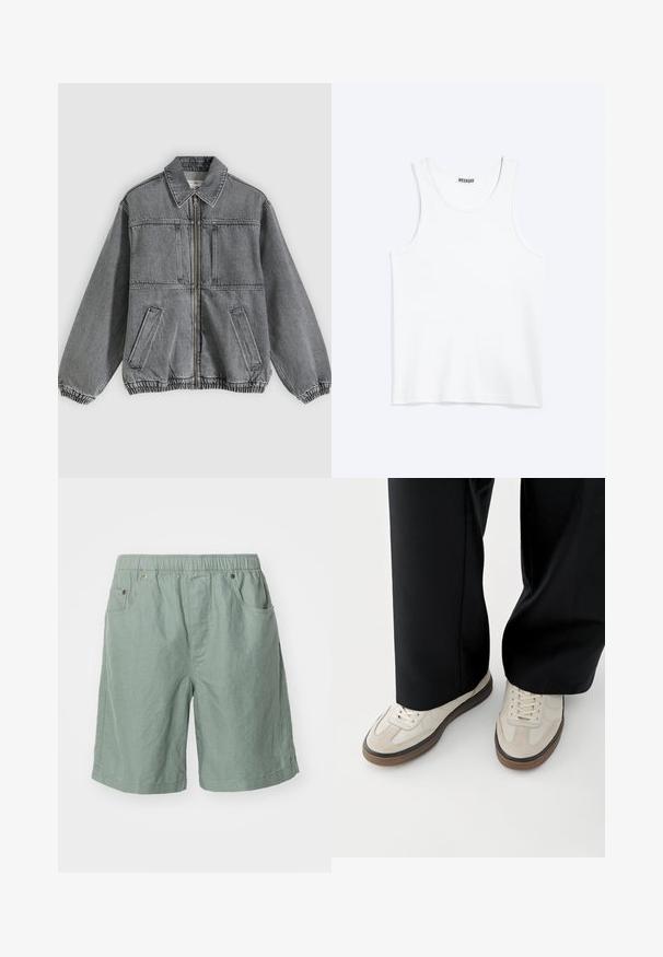 Chaqueta de mezclilla gris con cuello, cremallera frontal y dos bolsillos. Presenta puños y dobladillo elásticos, ofreciendo un ajuste holgado y un diseño estructurado.; Camiseta sin mangas blanca con cuello redondo y etiqueta de la marca Weekday en el interior del cuello trasero, mostrada plana sobre un fondo claro.; Pantalones cortos de color verde claro hechos de tela texturizada con una cinturilla elástica, que cuentan con dos bolsillos laterales y detalles de costura mínimos.; Pies con zapatillas beige con suelas marrones y pantalones negros de pierna ancha sobre un fondo blanco.