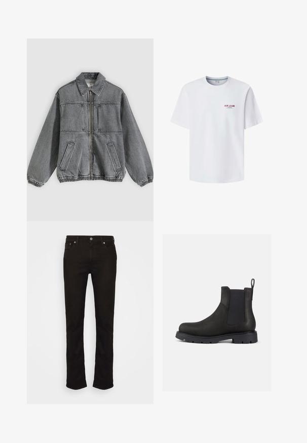 Grå denimjakke med krave, frontlynlås og to lommer. Har elastiske manchetter og kant, hvilket giver en løs pasform og struktureret design.; Hvid crewneck T-shirt med korte ærmer og lille rødt "Pepe Jeans London" logo trykt på venstre bryst.; Sorte denim jeans med lige ben, der har et klassisk fem-lomme design, metal knaplukning og diskrete syninger.; Sorte læder Chelsea-boot med elastiske sider, trækribe og struktureret gummisål for godt greb. Slank design og understated finish.