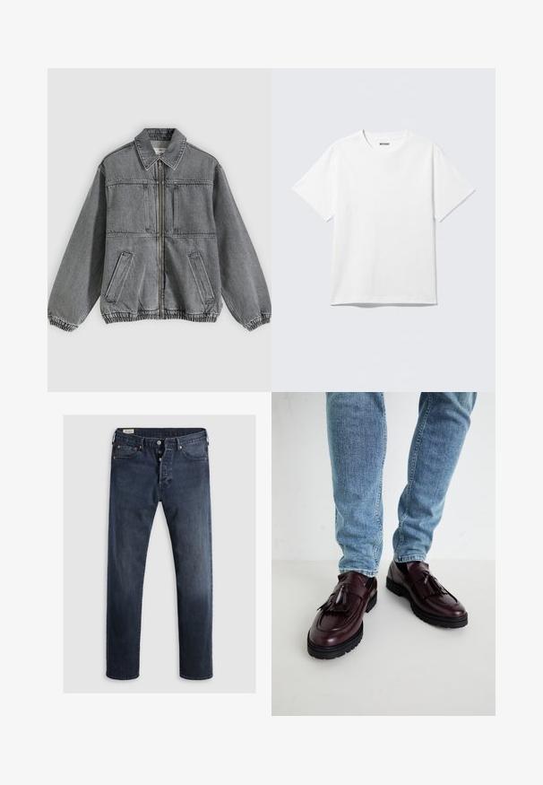 Grå denimjakke med krave, frontlynlås og to lommer. Har elastiske manchetter og kant, hvilket giver en løs pasform og struktureret design.; Hvid kortærmet crewneck T-shirt lagt fladt ud, ensfarvet design, med "WEEKDAY" mærkat inde i kraven på en lys baggrund.; Mørkeblue denimjeans med lige ben, der har lynlås i fly, metalknapper og kobbernitter. Glat tekstur, ingen synlige mønstre.; Bordeaux læder loafers med kvaster og en tekstureret overdel, parret med lyseblå denimjeans. Sort gummisål synlig.