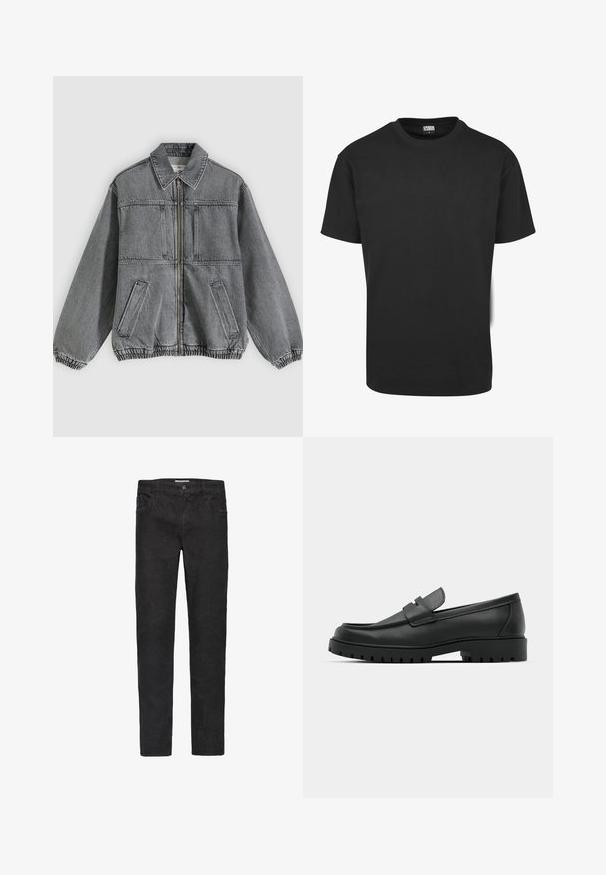 Grå denimjakke med krave, frontlynlås og to lommer. Har elastiske manchetter og kant, hvilket giver en løs pasform og struktureret design.; Sort bomuld t-shirt med korte ærmer, rund halsudskæring og almindelig pasform. Stoffet fremstår glat og uden pynt.; Sorte denim jeans med lige ben. Funktioner inkluderer fem lommer, knaplukning og diskrete syninger langs sømmene.; Sorte læder loafers med rund tå, der har et syet design, lav platformssål og en struktureret, skridsikker gummisål.