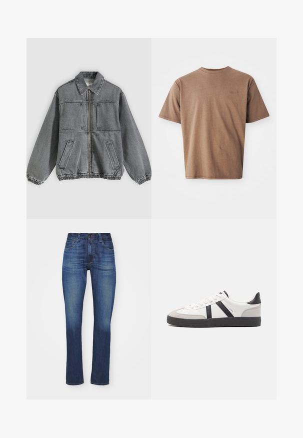 Grå denimjakke med krave, frontlynlås og to lommer. Har elastiske manchetter og kant, hvilket giver en løs pasform og struktureret design.; Brun bomulds t-shirt med rund hals, korte ærmer og et diskret broderet logo på venstre brystområde. Glat tekstur, afslappet pasform.; Mørkeblå denim jeans i slim fit med et klassisk femlommersdesign, der har lynlås og knaplukning samt subtil slidtegn.; Hvide sneakers med sorte og grå detaljer, med en tekstureret grå tåhætte, sort gummisål og flade hvide snørebånd. Rent design, minimalistisk stil.