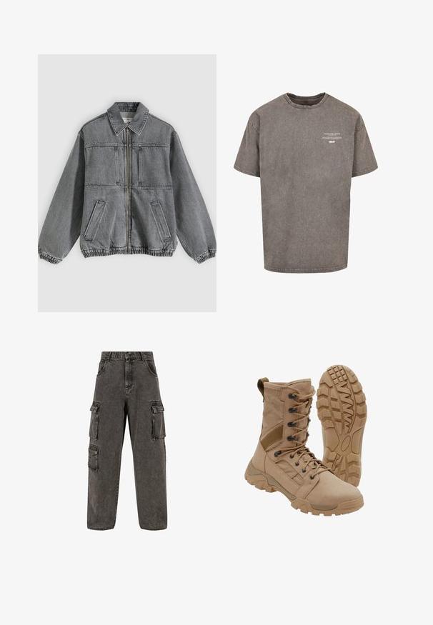 Grå denimjakke med krave, frontlynlås og to lommer. Har elastiske manchetter og kant, hvilket giver en løs pasform og struktureret design.; Grå oversized bomulds T-shirt med rund halsudskæring, korte ærmer, slidte tekstur og hvid trykt tekst på forsiden.; Karl Kani OG BAGGY - Jeans Relaxed Fit - grey; Brun taktisk støvle med snørelukning i ankellængde og robust gummisål, en støvle står oprejst og den anden viser slidbanemønster.