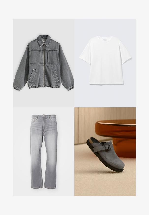 Veste en denim gris avec col, fermeture éclair à l'avant et deux poches. Comprend des poignets et un ourlet élastiques, offrant une coupe ample et un design structuré.; T-shirt blanc oversize à manches courtes, col rond, épaules tombantes, posé à plat sur fond gris clair.; Jeans en denim gris avec une coupe droite, une légère décoloration et un style classique à cinq poches. Dotés d'une fermeture à bouton et à zip.; Sabot en daim gris à enfiler avec semelle noire et bride réglable à boucle, reposant sur un tapis beige près d'un pied de table arrondi marron.