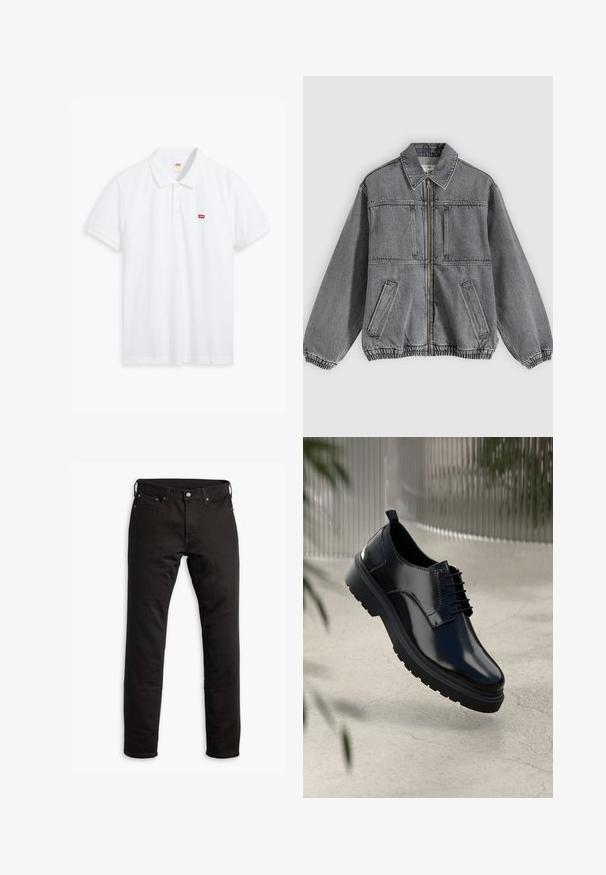 Graue Jeansjacke mit Kragen, Frontreißverschluss und zwei Taschen. Verfügt über elastische Bündchen und Saum, die eine lockere Passform und ein strukturiertes Design bieten.; Weißes Poloshirt aus Baumwolle. Verfügt über eine Knopfleiste mit drei Knöpfen, kurze Ärmel und ein kleines rotes Levi's-Logo auf der linken Brust.; Schwarze Denim-Jeans mit geradem Bein, Fronttaschen und Knopfverschluss. Der Stoff hat eine glatte Textur und minimale Details.; Schwarzer Lederschuh mit glänzender Oberfläche, runder Spitze, Schnürdesign, kontrastierenden Nähten und einer dicken Gummisohle mit Profilmuster.