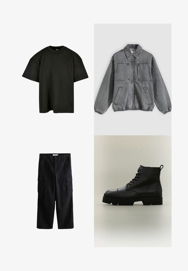 Chaqueta de mezclilla gris con cuello, cremallera frontal y dos bolsillos. Presenta puños y dobladillo elásticos, ofreciendo un ajuste holgado y un diseño estructurado.; Camiseta negra de corte oversized en suave algodón. Presenta un cuello redondo y mangas cortas, con una textura suave y un diseño minimalista.; Pantalones cortos cargo negros hasta la rodilla con bolsillos laterales con solapa, trabillas para cinturón y cierre de botón en la cintura.; Bota negra de cuero texturizado con cordones, suela gruesa y tira para tirar en la parte trasera, mostrada de perfil sobre fondo neutro.