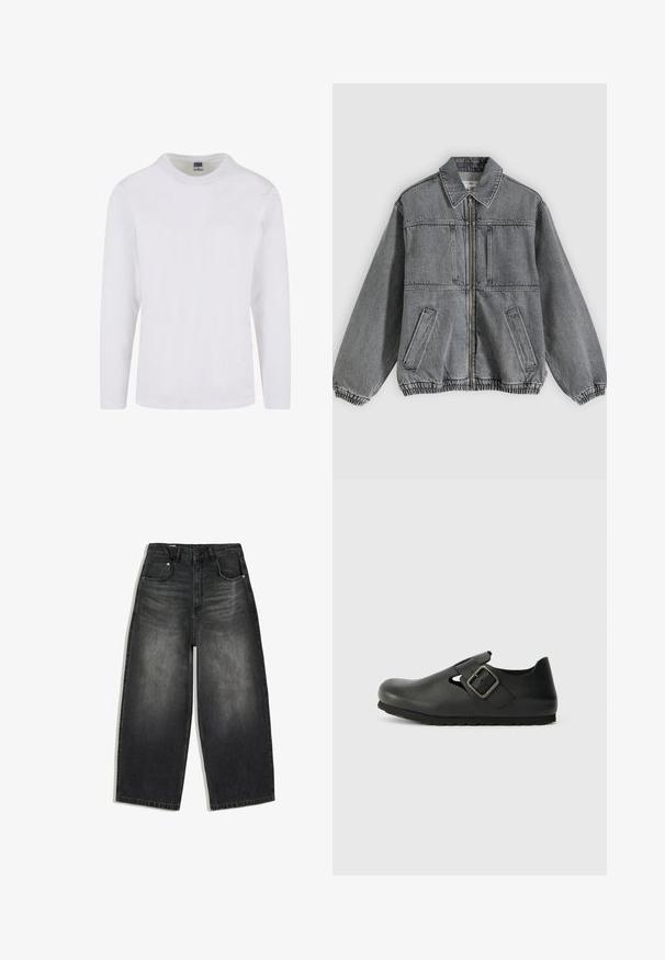 Grå denimjakke med krave, frontlynlås og to lommer. Har elastiske manchetter og kant, hvilket giver en løs pasform og struktureret design.; Langærmet t-shirt med rund hals i hvidt bomuldsstof. Glat tekstur med et enkelt design uden synlige mønstre eller accenter.; Sortvaskede denimbukser med vide ben, for- og baglommer, bæltestropper og en knaplukning i taljen.; Sorte læderklipklapper med rund tå, udskæringsdesign og en sidelukning med spænde. Sålen har struktureret overflade for bedre greb.