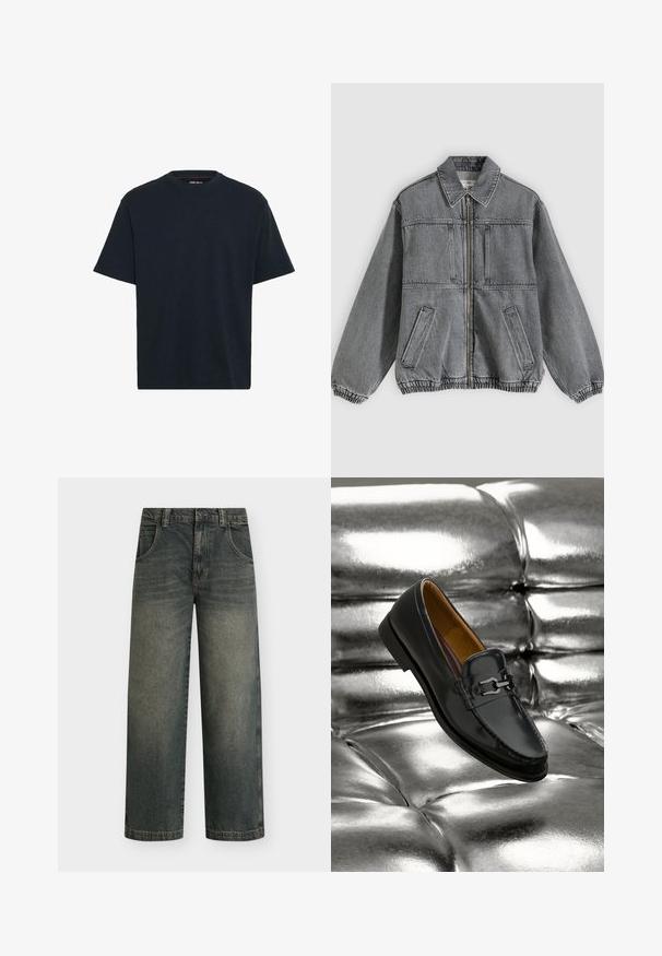 Grå denimjakke med krave, frontlynlås og to lommer. Har elastiske manchetter og kant, hvilket giver en løs pasform og struktureret design.; Marineblå bomulds T-shirt med rund hals, korte ærmer og en afslappet pasform. Glat tekstur uden synlige mønstre eller accenter.; Vidbenede, mørke denimjeans med en falmet vask, fem lommer og lukning med knap; har kontrastsyning og en lige kant.; Sort læderloafer med sølvfarvet metalspænde, der hviler på en skinnende sølvfarvet polstret læderoverflade.