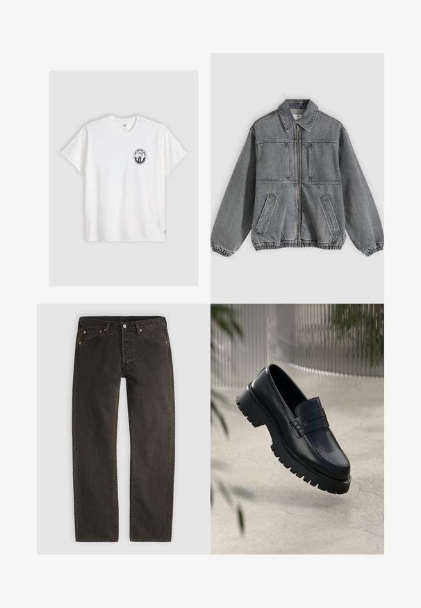 Graue Jeansjacke mit Kragen, Frontreißverschluss und zwei Taschen. Verfügt über elastische Bündchen und Saum, die eine lockere Passform und ein strukturiertes Design bieten.; Weißes Baumwoll-T-Shirt mit kurzen Ärmeln, Rundhalsausschnitt und einem schwarzen runden Logo auf der linken Brust, das ein stilisiertes Design zeigt.; Schwarze Denim-Jeans mit geradem Bein, vorderem Knopf und Reißverschluss, fünf Taschen und Kupfernieten auf hellgrauem Hintergrund.; Schwarze Lederloafer mit einer robusten profilierten Sohle, ausgestattet mit einem dekorativen Riemen und einer Stichdetail. Glatte Textur mit einem polierten Finish.