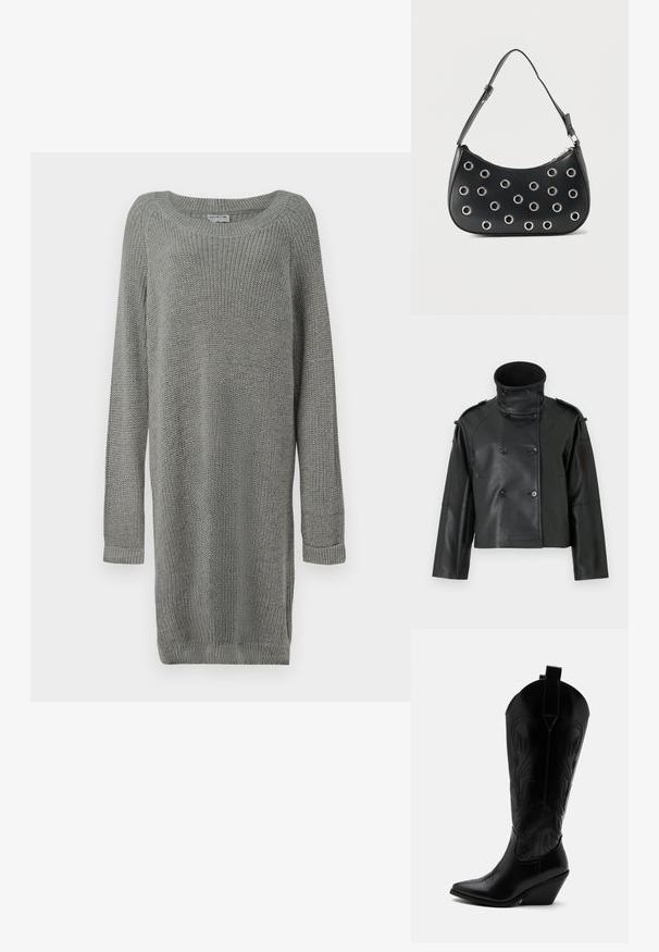 Sort læderjakke med høj krave, dobbeltradet design, store knapper og skulderklapper. Glat tekstur, cropped længde.; Grå strikket sweaterkjole med lange ærmer, ribbede manchetter, rund halsudskæring og sideslidser for nem bevægelse. Tekstureret stof.; Sort læder cowboystøvle med spidst tåparti, skråt blokhælhæl, dekorative sømme og trækstropper øverst mod hvid baggrund.; Sort læder skuldertaske med justerbar rem, dekoreret med sølvfarvede metalnitter og lukning med øverste lynlås.