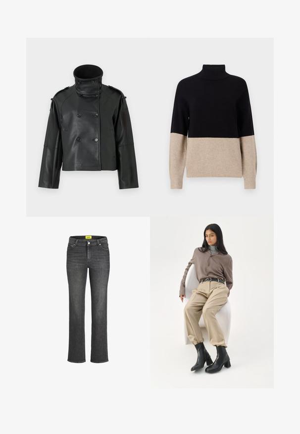 Zwarte leren jas met een hoge kraag, dubbelgebreid ontwerp, grote knopen en schouderepauletten. Glad textuur, cropped lengte.; Zwarte en beige gebreide turtleneck trui, met een geribbelde textuur, een kleurblokontwerp en lange mouwen. Rechte zoomafwerking.; Donkergrijze spijkerbroeken met een rechte pijp, vijf zakken stijl en een geel merklabel op de tailleband. Metalen knoopsluiting.; Vrouw met lang zwart haar die leunt op een witte gebogen stoel, gekleed in een taupekleurige blouse, beige broek, zwarte riem en zwarte enkellaarzen met hak.