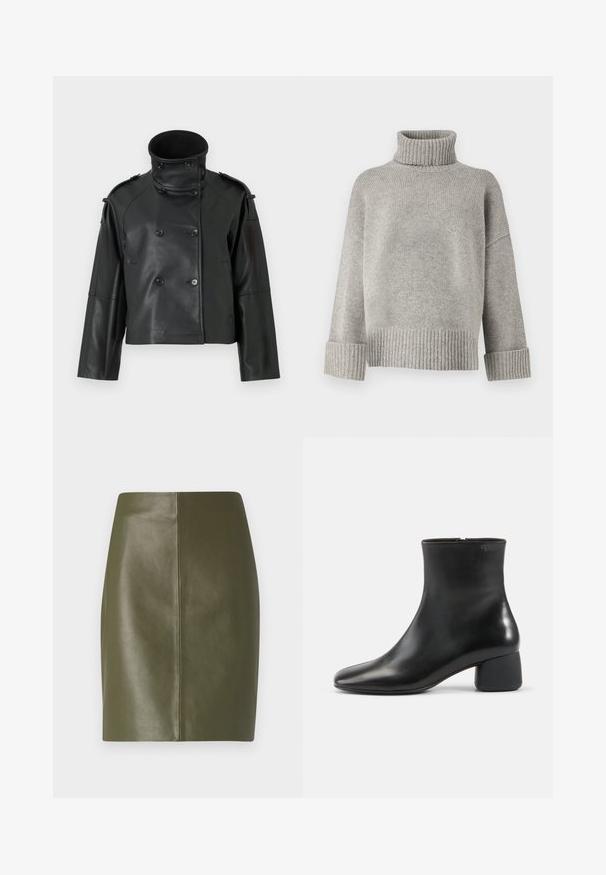 Sort læderjakke med høj krave, dobbeltradet design, store knapper og skulderklapper. Glat tekstur, cropped længde.; Grå turtleneck sweater lavet af blødt strikmateriale med ribbede manchetter og kant. Har en afslappet pasform og en struktureret halsudskæring.; Olivenfarvet læderskort nederdel med en glat tekstur, der har et enkelt design og en central søm, der løber ned ad ryggen.; Sort læderankelstøvle med afrundet firkantet tå, sidelås og chunky lav hæl på ensfarvet lys baggrund.