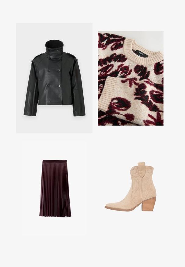 Zwarte leren jas met een hoge kraag, dubbelgebreid ontwerp, grote knopen en schouderepauletten. Glad textuur, cropped lengte.; Gebreide trui met een crèmekleurige basis en maroon en zwarte bloemenpatronen, klassieke geribde ronde halslijn en manchetten. Zachte textuur.; Plissé midi rok in diep bordeaux, met een gladde glanzende textuur, een aangesloten taille en verticale plooien voor een vloeiende silhouet.; Beige suède cowboylaarzen met een pointed toe, decoratieve stiksel en een gestapelde hak. Heeft een trekband aan de achterkant.