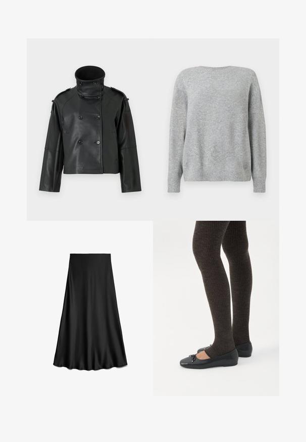 Zwarte leren jas met een hoge kraag, dubbelgebreid ontwerp, grote knopen en schouderepauletten. Glad textuur, cropped lengte.; Lichtgrijze trui, gemaakt van zachte stof, heeft een ronde halslijn, een relaxte fit en ribgebreide manchetten en zoom voor extra textuur en detail.; Zwarte satijnen A-lijn rok met een gladde textuur en vloeiende zoom, knielengte, weergegeven op een witte achtergrond.; Benen met donkere geribbelde leggings gecombineerd met zwarte ballerina's met kleine strikdetails op een witte achtergrond.