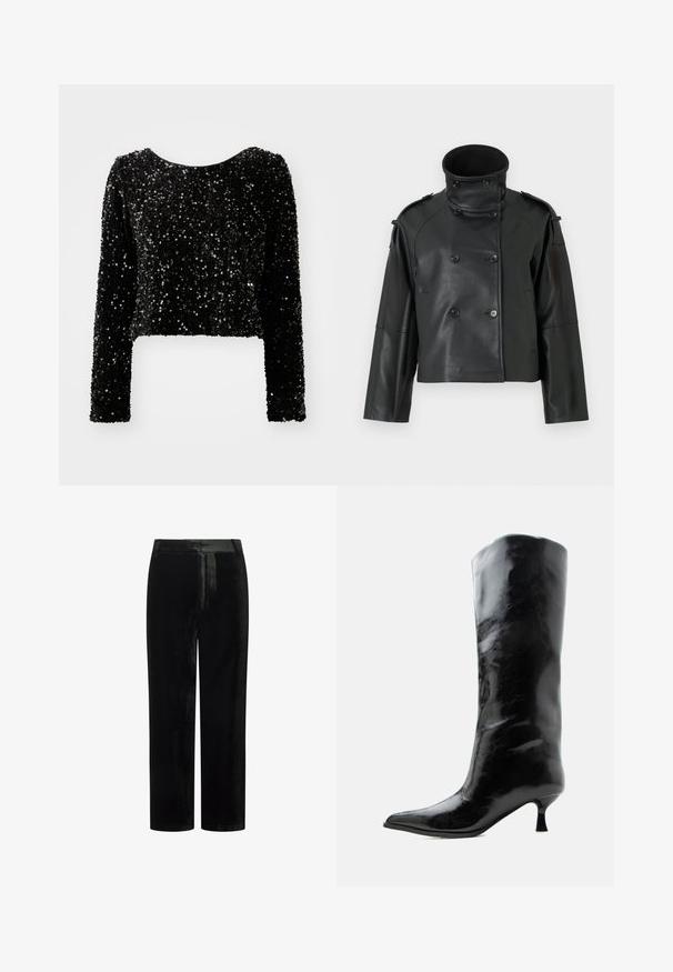 Sort læderjakke med høj krave, dobbeltradet design, store knapper og skulderklapper. Glat tekstur, cropped længde.; Sort, cropped langærmet top lavet af pailletstof, med en rund halsudskæring og en struktureret overflade af glitrende pailletter.; Sorte fløjlsbukser med en lige snit, der har en flad linning og glat tekstur, velegnede til både formelt og afslappet brug.; Sort skinnende knæhøj læderstøvle med spids tå og lav buet hæl på en ensfarvet lys baggrund.