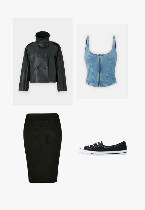 Zwarte leren jas met een hoge kraag, dubbelgebreid ontwerp, grote knopen en schouderepauletten. Glad textuur, cropped lengte.; Lichtblauw denim crop top met een ronde halslijn, brede bandjes en een ritssluiting aan de voorkant. Heeft een aansluitende snit en naaddetails.; Zwarte geribbelde kokerrok met een aansluitend ontwerp. Heeft een hoge tailleband en gestructureerde stof, waardoor een soepele silhouet ontstaat.; Zwarte canvas schoen met witte rubberen neus en zool, voorzien van witte veters en contrasterende witte stiksels langs de bovenrand.