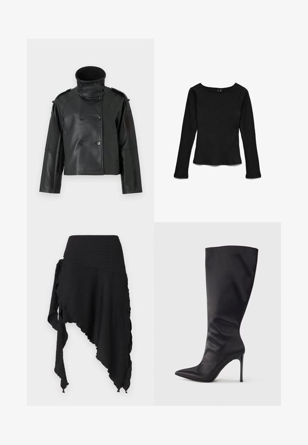 Veste en cuir noir avec un col haut, design croisé, grands boutons et épaulettes. Texture lisse, longueur courte.; Haut noir à manches longues en maille côtelée avec un col rond et une silhouette ajustée, posé à plat sur un fond blanc.; Jupe noire asymétrique en tissu texturé avec un ourlet irrégulier, présentant un design drapé et superposé ainsi qu'un détail de lien sur un côté.; Botte noire haute jusqu'aux genoux en cuir verni lisse et élégant ; bout pointu ; ajustée avec un léger froncé près de la cheville ; talon brillant.