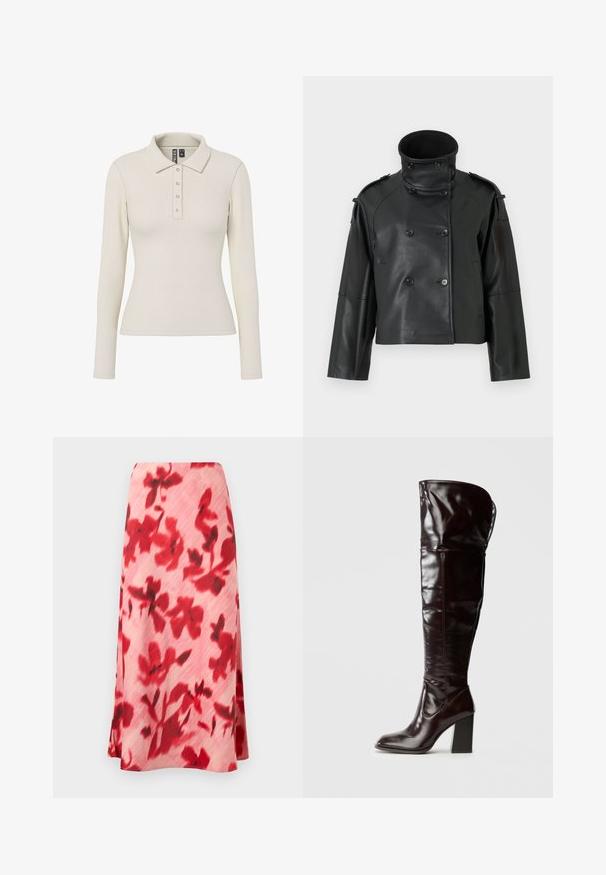 Sort læderjakke med høj krave, dobbeltradet design, store knapper og skulderklapper. Glat tekstur, cropped længde.; Langærmet polo-shirt i off-white ribbet stof med kravehals og fem metalknapper foran. Tætsiddende design.; Lyserød midi-nederdel med rødt blomsterprint og subtil tekstur, med A-formet silhuet og glat taljebånd.; Knæhøje, blanke bordeauxrøde læderstøvler med firkantet tå og blokhæl, der har et løstsiddende design og minimale syningsdetaljer.