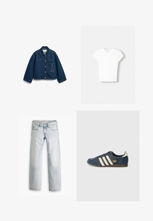 Donkerblauwe spijkerjas met knoopsluiting aan de voorkant, lange mouwen, puntkraag en één grote zak met contrasterende stiksels aan de linkerkant.; Witte t-shirt met korte mouwen van zachte katoen, met een ronde halslijn en een getailleerde vorm. Geen zichtbare patronen of versieringen.; Lichtblauwe denim jeans met een ontspannen pasvorm, hoge taille en vijf-pocket ontwerp. Bevat stikaccenten en een knopenfly-sluiting.; Marineblauwe suede sneaker met crèmekleurige strepen, gestructureerd teenpaneel, gouden "adidas JAPAN" logo en een bruine rubberen zool. Klasseiek laag model.