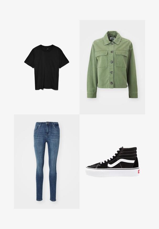 Groene denimjack met een kraag, knoopsluiting aan de voorkant, twee borstzakken en lange mouwen met knoopmanchetten. Soepele textuur en cropped ontwerp.; Zwart T-shirt met korte mouwen en ronde hals, effen ontwerp, plat gelegd op een witte achtergrond.; Slim-fit, mid-rise jeans in donkerblauwe denim. Kenmerken zijn vijf zakken, een knoopsluiting en subtiele vervaging voor textuur.; Zwarte high-top sneakers met witte veters, een wit logo en contrasterende witte stiksels. Heeft een dikke witte zool en een bovenwerk van gestructureerd suede.