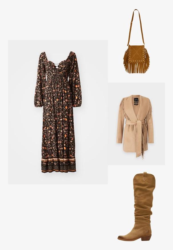 Beige fringed omslagfrakke lavet af blødt stof, med sjalskrave, bindebælte og to forreste påsyede lommer.; Sort blomsterprint maxi kjole med lange puffærmer, rund halsudskæring, rummelig bodice og mønstret kant. Har farverige blomsterdesigns.; Suede knæhøj støvle i lysebrun med et slouchy design, spids tå og stablet hæl. Har en loop øverst for nemmere påklædning.; Brun ruskind skuldertaske med lange frynser på siderne og bunden, dekoreret med små metalnitter langs de forreste kanter.