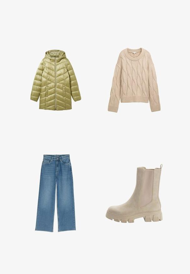 Doudoune verte olive avec capuche, dotée d'une fermeture éclair sur le devant et d'un design matelassé en chevrons. Fabriquée en matériau léger et brillant.; Pull en maille beige avec col rond, manches longues et ourlet côtelé ; présente un motif torsadé sur le corps pour ajouter de la texture.; Jean en denim bleu clair à jambes larges avec une taille haute, cinq poches et des coutures visibles ; le tissu a une finition légèrement texturée.; Bottines Chelsea beiges avec un cuir lisse et des panneaux latéraux élastiques. Semelle en caoutchouc épaisse et robuste avec un motif de traction distinctif et une languette.