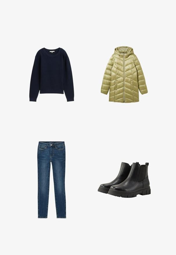Olivengrøn pufferjakke med hætte, med lynlås foran og chevron-quiltet design. Fremstillet af shiny, letvægtsmateriale.; Marineblå strikket sweater med en afslappet pasform, bred rund hals og ribbede manchetter. Har et struktureret mønster gennem hele stoffet.; Slanke jeans lavet af mørkeblå denim, med et klassisk fem-lomme-design, lige syninger og en knap- samt lynlåslukning.; TOM TAILOR Ankelstøvler - black