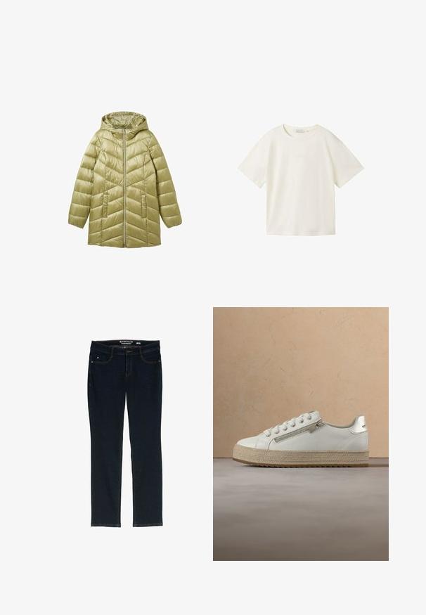 Olijfgroene gewatteerde jas met capuchon, voorzien van een rits aan de voorkant en een chevron-quiltpatroon. Gemaakt van een glanzend, lichtgewicht materiaal.; TOM TAILOR DENIM T-shirt basic - gardenia white; Donkerblauwe rechte jeans van denim. Heeft vijf zakken, contrasterend oranje stiksels en een label op de tailleband met de merknaam.; Witte leren sneaker met beige gestructureerde zool, voorzien van een ritssluiting aan de zijkant en veters, hangend boven een neutrale vloer en een houten tafel.