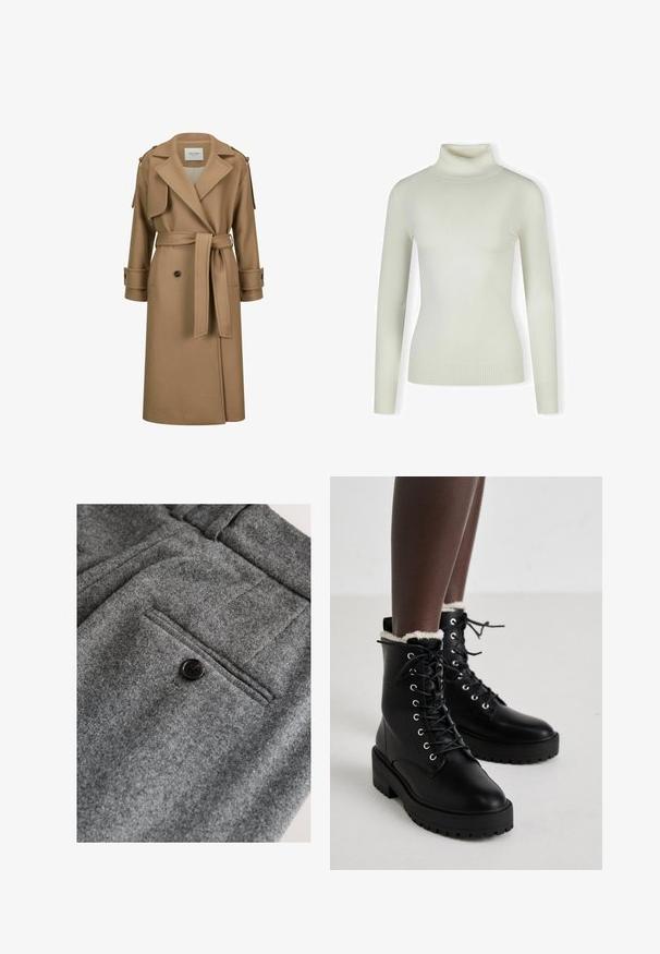 Camelkleurige lange trenchcoat met brede revers, met knopen gesloten manchetten en schouderepauletten.; Lichtkleurige coltrui van zacht, ribbelstof; aansluitend ontwerp met lange mouwen en een gestructureerde zoom. Geen patronen of accenten.; Grijze wollen broek met een platte voorkant, een enkele achterzak met een zwarte knoop en een zachte, gestructureerde afwerking.; Zwarte veterschoenen tot de enkel met stevige zolen en witte fleece voering, gedragen door een persoon die op een lichte vloer staat.
