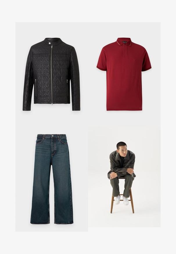 Veste en cuir noire avec un motif matelassé en losanges et un logo embossé. Fermeture éclair et deux poches latérales. Col montant.; Polo manches courtes bordeaux avec col et bords des manches côtelés, avec un logo discret sur la poitrine gauche.; Jean denim bleu foncé à jambe large avec fermeture à bouton avant, fermeture éclair et design à cinq poches, présenté sur un fond blanc.; Jeune homme en veste en cuir foncée et jean, assis sur un tabouret en bois, penché en avant, les bras croisés, regardant sur le côté sur fond blanc.