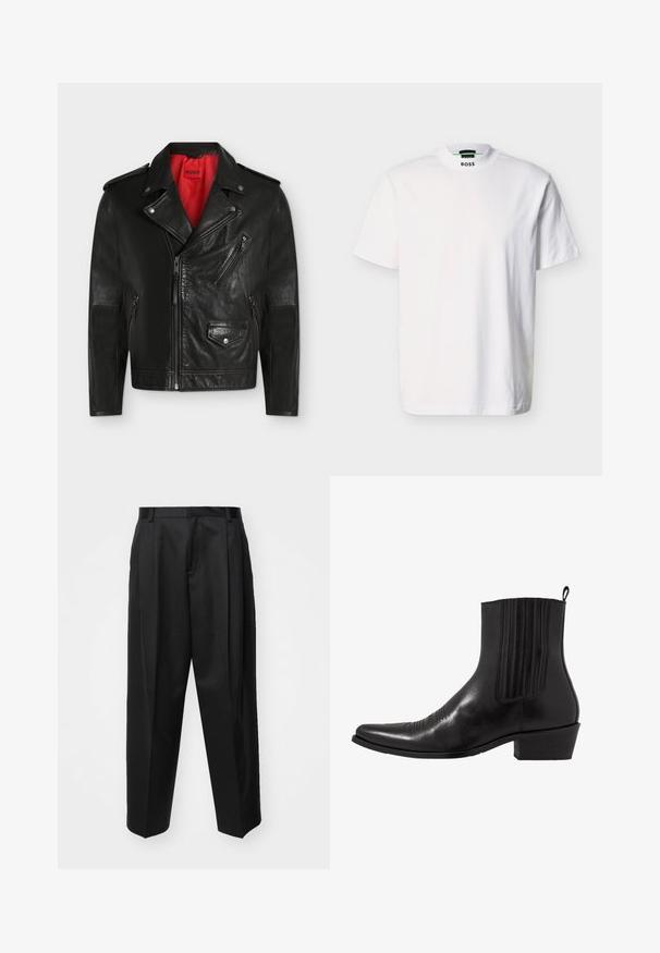 Chaqueta de motorista de cuero negro con cremalleras asimétricas, botones de presión, múltiples bolsillos y un forro interior rojo con una etiqueta visible de Hugo.; Camiseta blanca de manga corta hecha de algodón, con cuello redondo y un logo de la marca impreso en el cuello. Textura lisa, diseño básico.; Pantalones negros ajustados con cintura alta, perneras anchas y pliegues marcados. Fabricados en un tejido suave con trabillas para el cinturón y sin hardware visible.; Bota de cuero negro hasta el tobillo con punta afilada, paneles laterales elásticos, acentos de costura vertical y un tacón bajo y cuadrado.