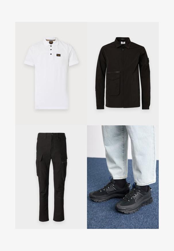 Schwarze leichte Jacke mit einem Frontreißverschluss, einer großen Klappentasche und einer zusätzlichen Reißverschlusstasche auf der Brust. Mit Kragen und elastischen Bündchen.; Weißes Poloshirt aus strukturiertem Baumwollstoff, mit einem Drei-Knopf-Verschluss, kurzen Ärmeln und einem schwarzen Logo-Patch auf der Brust.; Schwarze Cargo-Hosen mit mehreren Taschen, einem seitlichen Reißverschlussfach und verstärkten Nähten, mit einem geraden Beinschnitt und strapazierfähigem Stoff.; Schwarze Sportschuhe aus strukturiertem Stoff mit Gummisohlen, ausgestattet mit elastischen Schnürsenkeln und einem blauen Akzent an der Ferse. Getragen mit hellen Jeans.