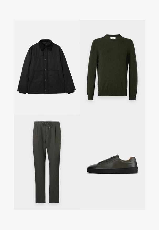 Veste en toile noire avec fermeture à bouton, col texturé contrastant, poches latérales et détaillage de coutures subtil. Pas de logos visibles.; Pull vert foncé en mélange de laine texturée, avec un col rond et des manches longues, doté de poignets et d'un ourlet côtelés.; Pantalons en lin gris foncé avec taille à cordon. Design à jambe droite, tissu léger, peu de détails, et texture lisse.; Basket basse en cuir gris foncé avec lacets et semelle noirs, design minimaliste, profil latéral sur un fond clair uni.