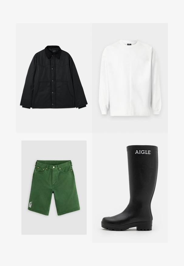 Schwarze Canvas-Jacke mit Knopfverschluss, kontrastierendem strukturiertem Kragen, seitlichen Taschen und dezenten Nahtdetails. Keine sichtbaren Logos.; Weißer Sweatshirt, aus weichem Stoff, mit Rundhalsausschnitt, langen Raglanärmeln, gerippten Bündchen und dezentem gesticktem Logo auf der Brust.; Grüne Denim-Shorts mit Gürtelschlaufen, Frontknopf, Taschen und einem kleinen weiß-schwarzen bestickten Aufnäher auf dem linken Bein.; Schwarze Gummiregenstiefel mit glatter Oberfläche, hohem Schaft und rutschfester, strukturierten Sohle. Mit einem weißen AIGLE-Logo auf der Vorderseite.